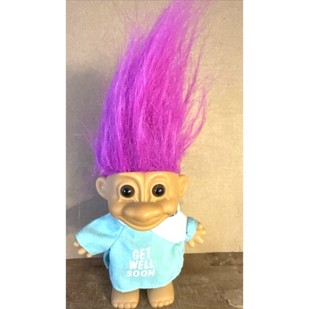 Vintage 5” Get Well Soon Russ Troll Doll Purple Hair Sea Foam Green Gown Retro